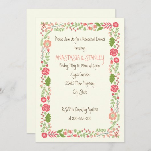 Korallenpfirsichblume Hochzeit Probe Dinner Einladung (Vorne/Hinten)