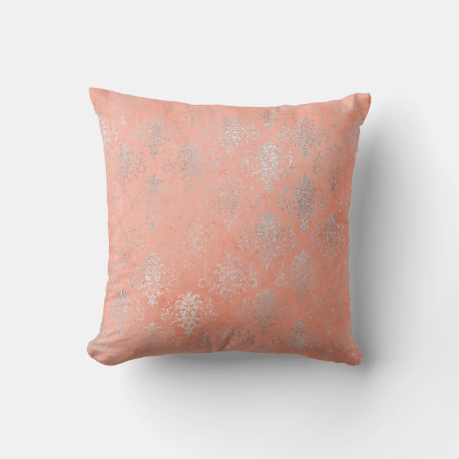Korallenpfirsichlachs Damask Blush Silberne Rose B Kissen (Vorderseite)