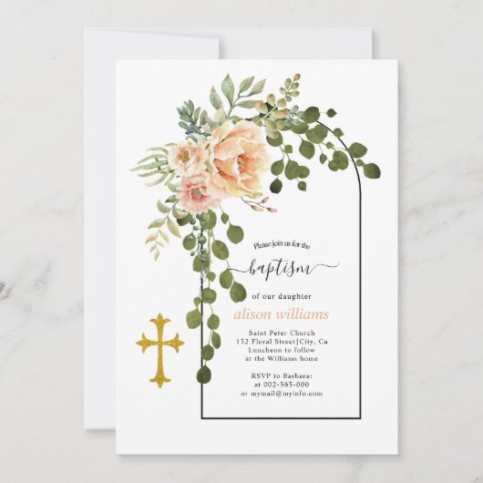 Korallenpfirsichtaufe und blumengeschmückte Blume Einladung (Vorderseite)