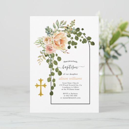 Korallenpfirsichtaufe und blumengeschmückte Blume Einladung (Stehend Vorderseite)