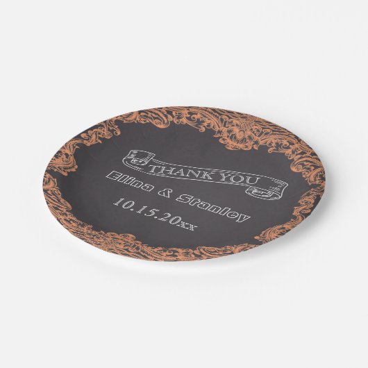 Korallenrahmen und Kalkbrett Hochzeit Danke Pappteller (Schrägansicht)