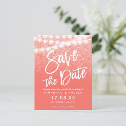 Korallenriff-Glitzer Save the Date hell Ankündigungspostkarte (Stehend Vorderseite)