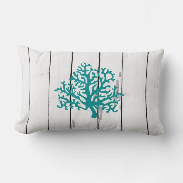 Korallenriff Shiplap Rustikales Holz Beach Dekor Lendenkissen (Vorderseite)