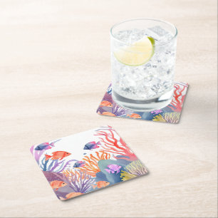 Korallenriff   Wasserfarbe Bunte Fische Ozean Rechteckiger Pappuntersetzer