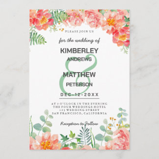 Korallenrosa Aquarell botanische florale Hochzeit Einladung