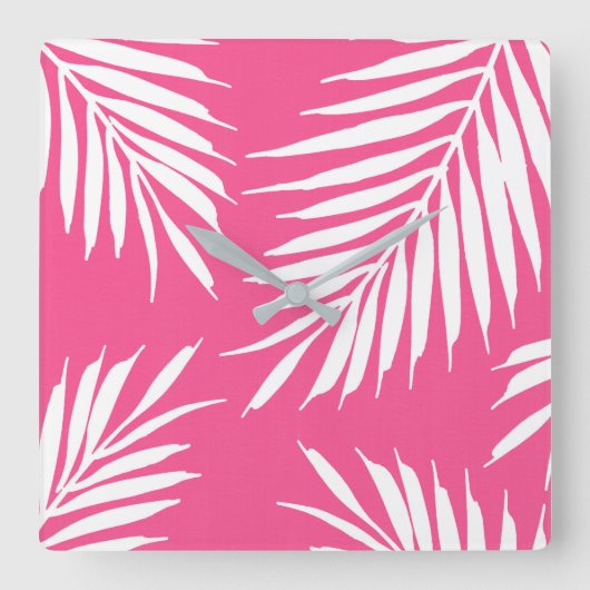 Korallenrosa, Blätter aus weißem Acrylpalm Quadratische Wanduhr (Vorderseite)