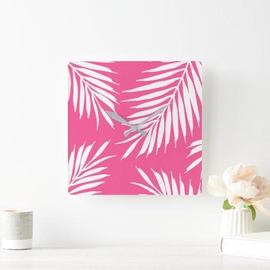 Korallenrosa, Blätter aus weißem Acrylpalm Quadratische Wanduhr (Zuhause)