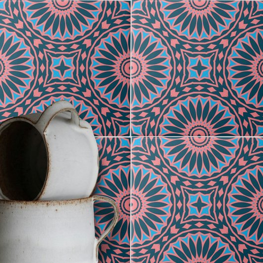 Korallenrosa Blau Kaleidokopisches geometrisches M Fliese