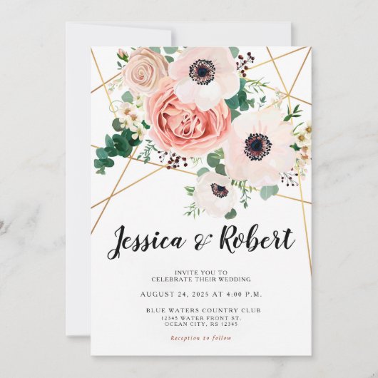 Korallenrosa Blume Elegante Hochzeit Einladung (Vorderseite)