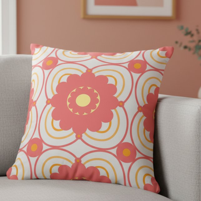 Korallenrosa Blume Kissen (Hand‑drawn and mid‑century inspired, perfect for a soft‑color statement.)