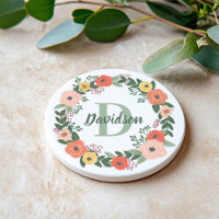 Korallenrosa Blumengrün Monogramm Wreath