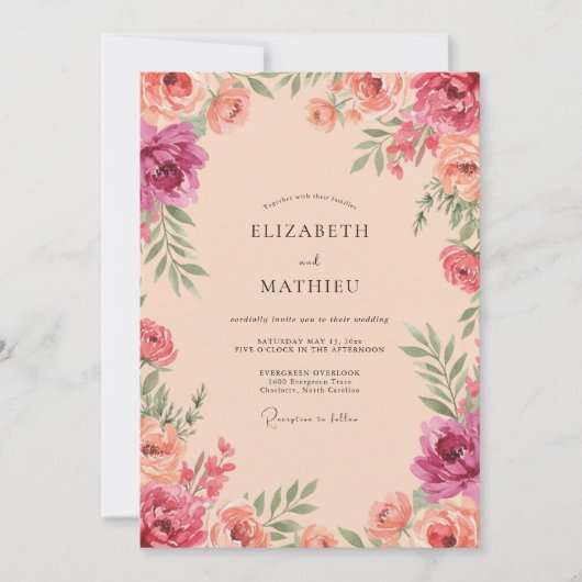 Korallenrosa Blumenhochzeit Einladung (Vorderseite)