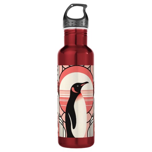Korallenrosa Creme Pinguin im Art Deco geometrisch Edelstahlflasche (Vorderseite)