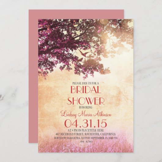 Korallenrosa Eichenbaum & Liebesvögel Brautparty Einladung (Vorne/Hinten)