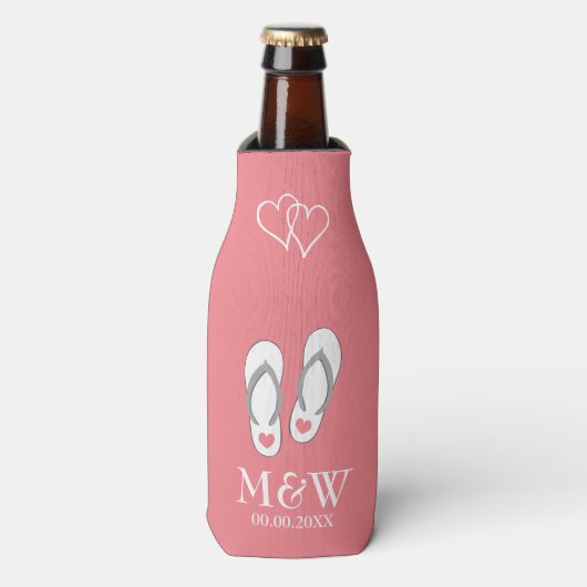 Korallenrosa Flip Flops Strand Hochzeitsflasche Kü Flaschenkühler (Flaschenvorderseite)