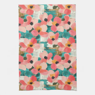 Korallenrosa Florales Türkis Vintage Geschirrtuch