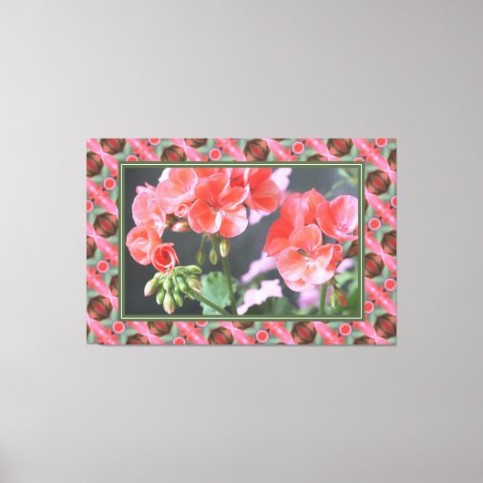 Korallenrosa Geranien mit dunkelgrünen Leinwanddruck (Vorderseite)