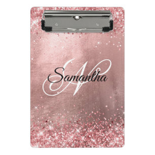 Korallenrosa Glitter Fancy Monogramm Rosen Goldfol Mini Klemmbrett