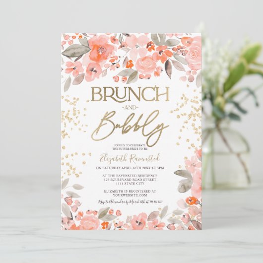 Korallenrosa Glitzer Blumenchic Brautparty Einladung (Stehend Vorderseite)