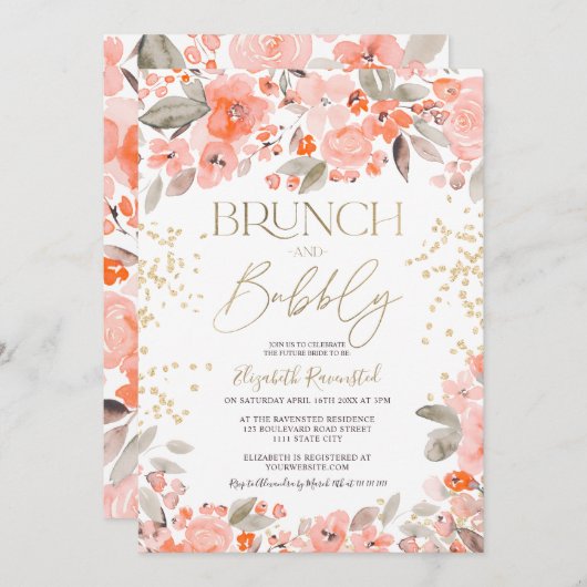 Korallenrosa Glitzer Blumenchic Brautparty Einladung (Vorne/Hinten)