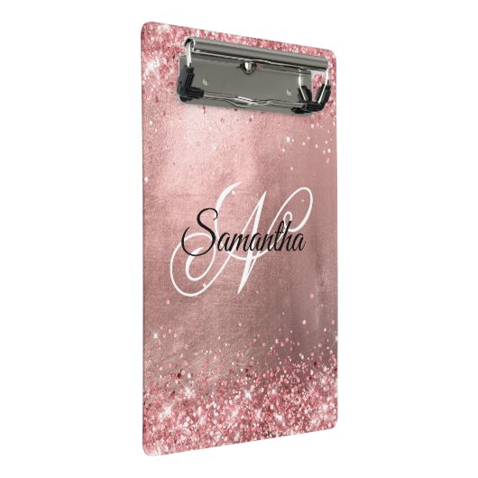 Korallenrosa Glitzer Extravagant Monogram Rose Gol Mini Klemmbrett (Schrägansicht)