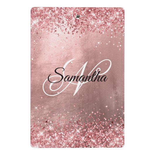 Korallenrosa Glitzer Extravagant Monogram Rose Gol Mini Klemmbrett (Rückseite)