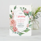 Korallenrosa Grüne Rose Blumenzwiebeleinladung Einladung (Stehend Vorderseite)