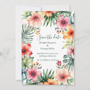 Korallenrosa Hawaii-Blumen-Tropen-Hochzeitsankündi Einladung