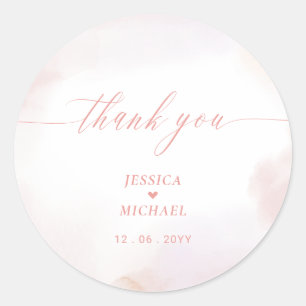Korallenrosa Herz & Aquarell Hochzeit Danke Runder Aufkleber