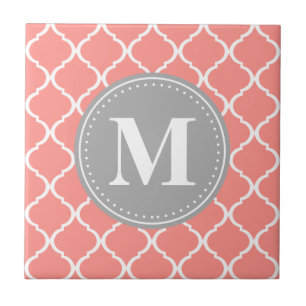 Korallenrosa Marokkanisches Gitter Grau Monogram Fliese