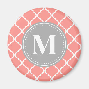 Korallenrosa Marokkanisches Gitter Grau Monogram Magnet