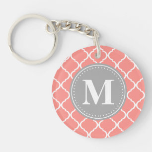 Korallenrosa Marokkanisches Gitter Grau Monogram Schlüsselanhänger