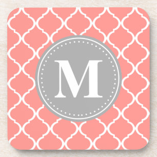 Korallenrosa Marokkanisches Gitter Grau Monogram Untersetzer