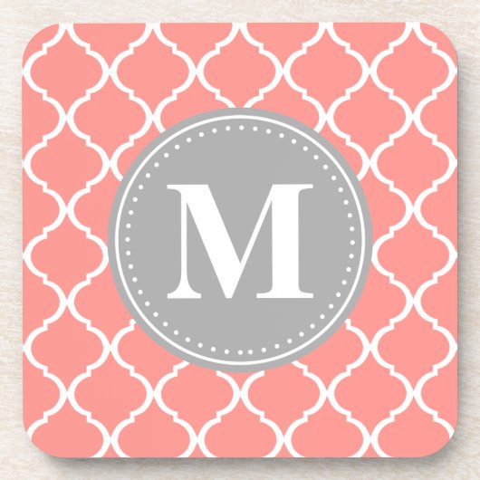 Korallenrosa Marokkanisches Gitter Grau Monogram Untersetzer (Vorderseite)