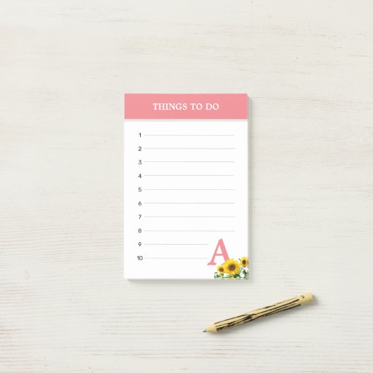 Korallenrosa Monogramm und Sonnenblumen Post-it Klebezettel (Auf Schreibtisch)