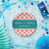 Korallenrosa Muster mit Aquamariner Hochzeit Pappteller (Party)