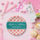 Korallenrosa Muster mit Aquamariner Hochzeit Pappteller (Party)