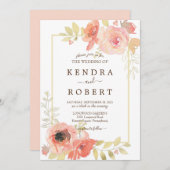 Korallenrosa Rose und Goldrahmen Blumenzehen Einladung (Vorne/Hinten)