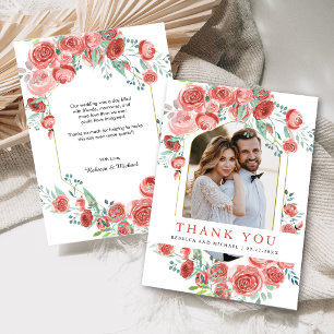 Korallenrosa Rosen Florales Foto Hochzeit Dankeskarte