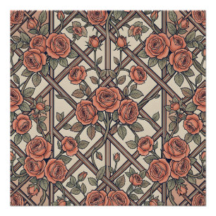 Korallenrosa Rosen Gittertrellis Vintage-Blumen Poster