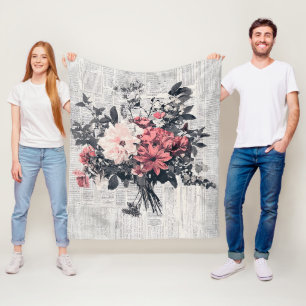 Korallenrosa Rosen Vintage-Zeitung Botanische Kuns Fleecedecke