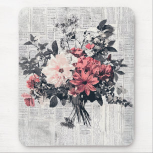 Korallenrosa Rosen Vintage-Zeitungsblatt Botanisch Mousepad