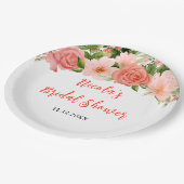 Korallenrosa rote Rosen Floral-Brautdusche Pappteller (Schrägansicht)