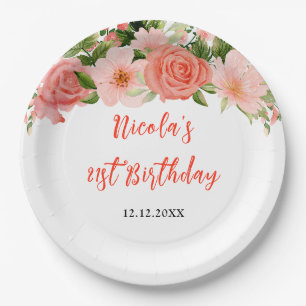 Korallenrosa rote Rosen Floral Geburtstag Pappteller