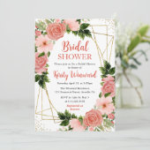 Korallenrosa & Rote Rosen & Gold-Rahmen-Brautparty Einladung (Stehend Vorderseite)