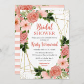 Korallenrosa & Rote Rosen & Gold-Rahmen-Brautparty Einladung (Vorne/Hinten)