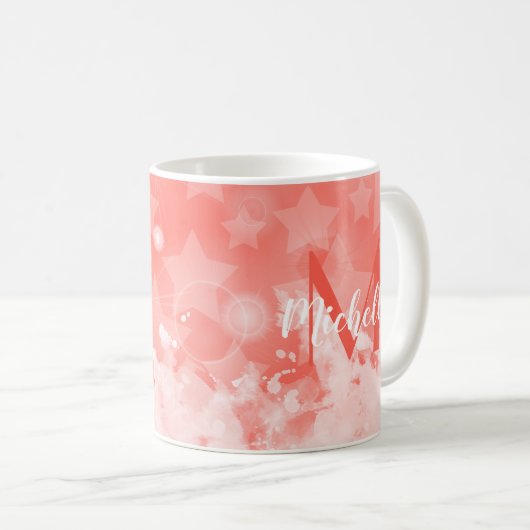 Korallenrosa Sternmuster Moderner Chic Monogram Na Kaffeetasse (VorderseiteRechts)