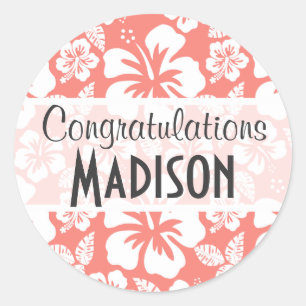 Korallenrosa Tropischer Hibiskus Runder Aufkleber