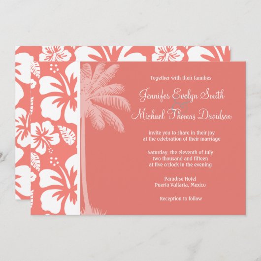 Korallenrosa Tropischer Hibiskus; Sommerpalme Einladung (Vorne/Hinten)