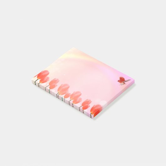 Korallenrosa Tulpe Blume & Kardinal-Vogel auf Rosa Post-it Klebezettel (angewinkelt)